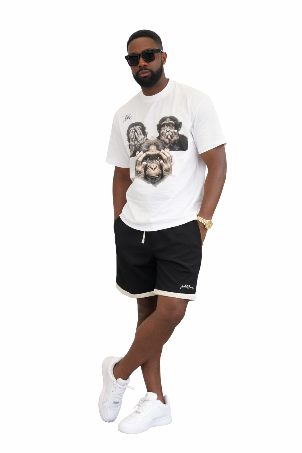 Oversized white short sleeve, no evil T-shirt.