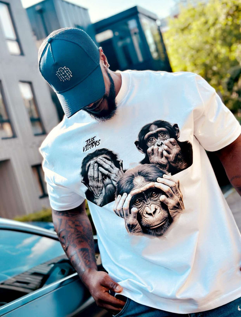 Oversized white short sleeve, no evil T-shirt.